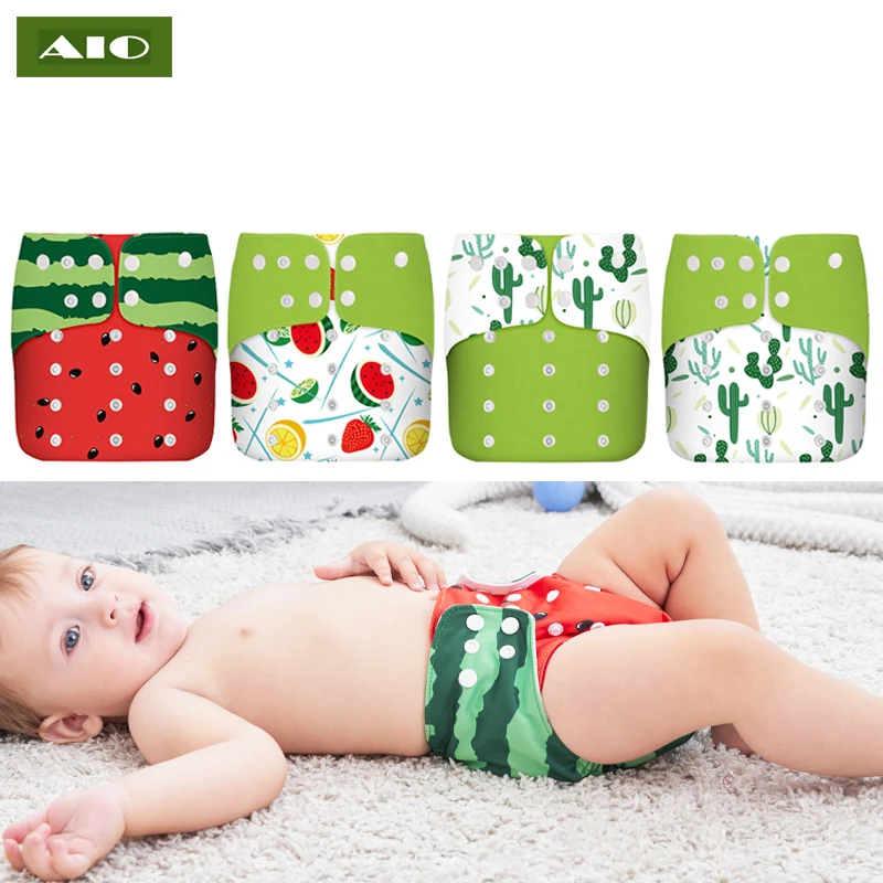 AIO 4Pcs Reusable Newborns Cloth Diapers Watermelon Print Washable Eco-friendly Diaper Pocket Waterproof Child Learning Panties