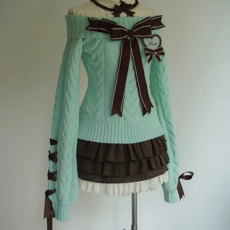 Women Sweet Lolita Knitted Pullover Bow Slash Neck Harajuku Y2K Autumn Winter Sweater