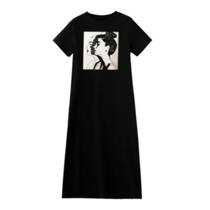 Robe d'été pour femmes Destroy Andrfur s, manches courtes, décontracté, fond imprimé, midi, t-shirt noir, col rond, vêtements coréens, 2023