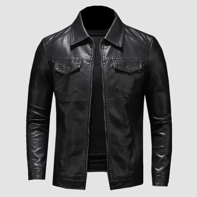 Men's Motorcycle Leather Jacket Large Size Pocket Black Zipper Lapel Slim Fit Male Spring Autumn High Quality PU Coat