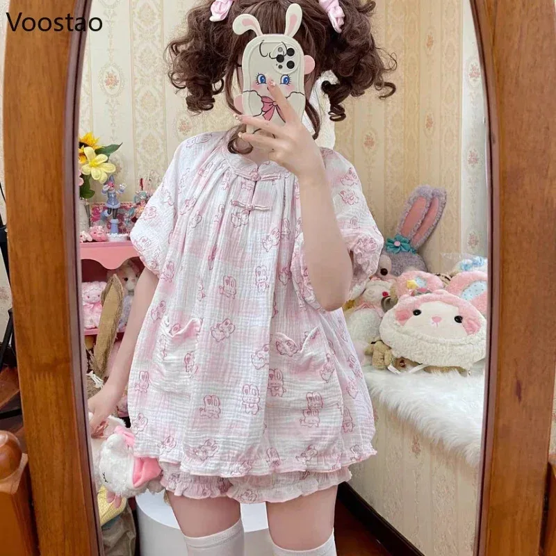 Kawaii Lolita Style Bunny Print Pajamas Set Girly Cute Short Sleeve Tops Shorts Suit Women Casual Princess Homewear Pijam UN8000