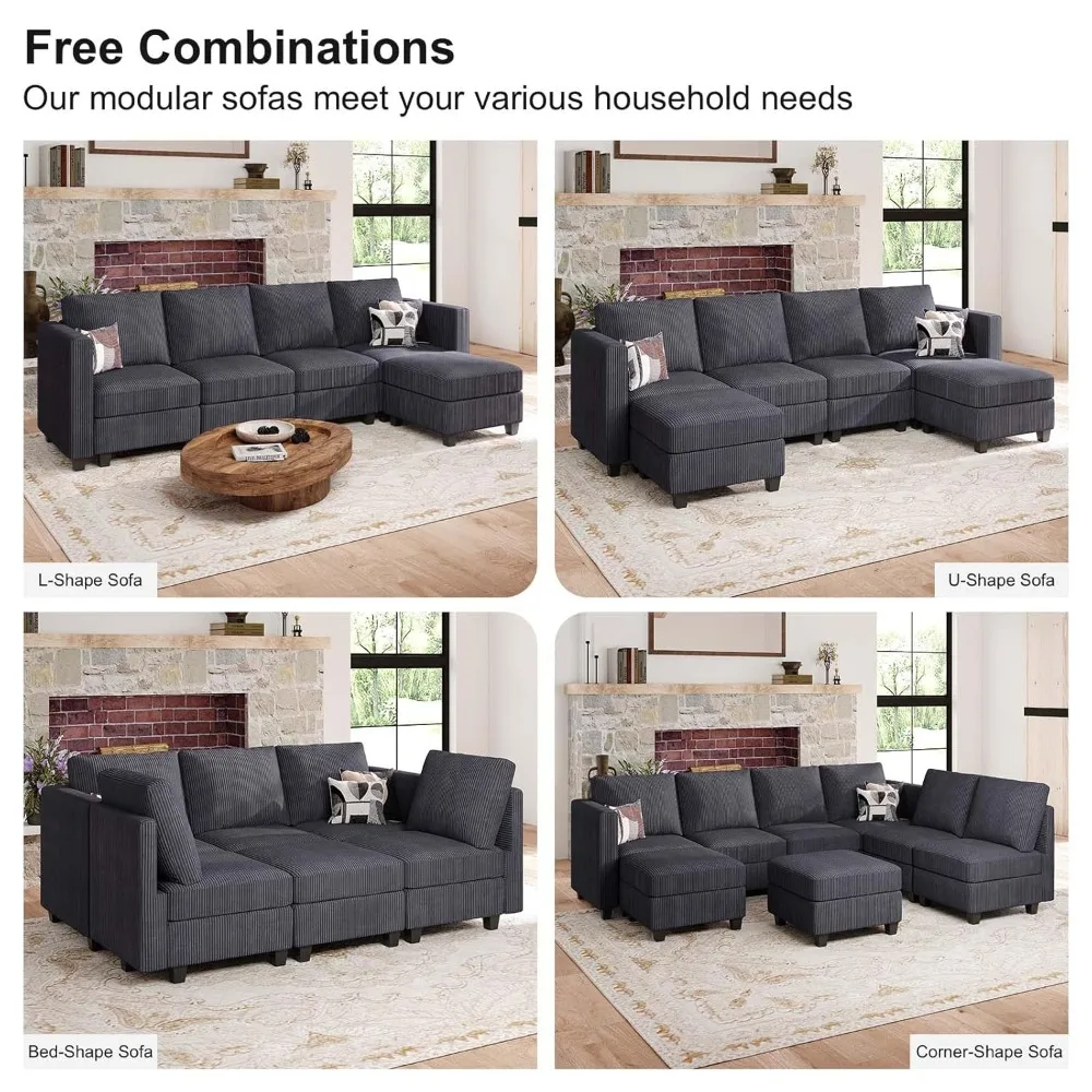

Corduroy Sectional Sofa, Luxury Modular Sofa with Storage, Modern Couch, Dark Grey, Customized