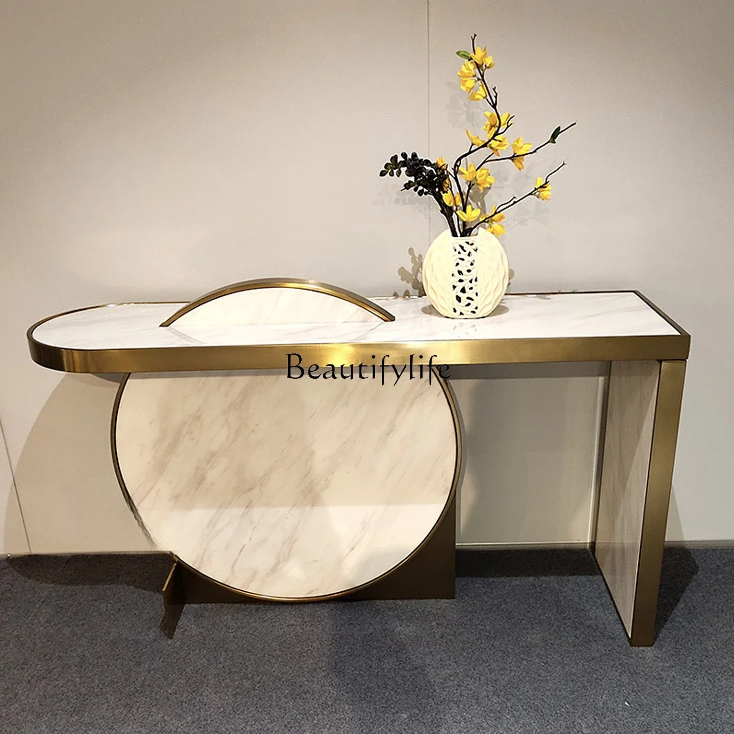 

yj5 Light Luxury Marble Console Table Modern Villa Nordic Living Room Art Design Gold Wall-Mounted Stainless Steel Entryway Tabl