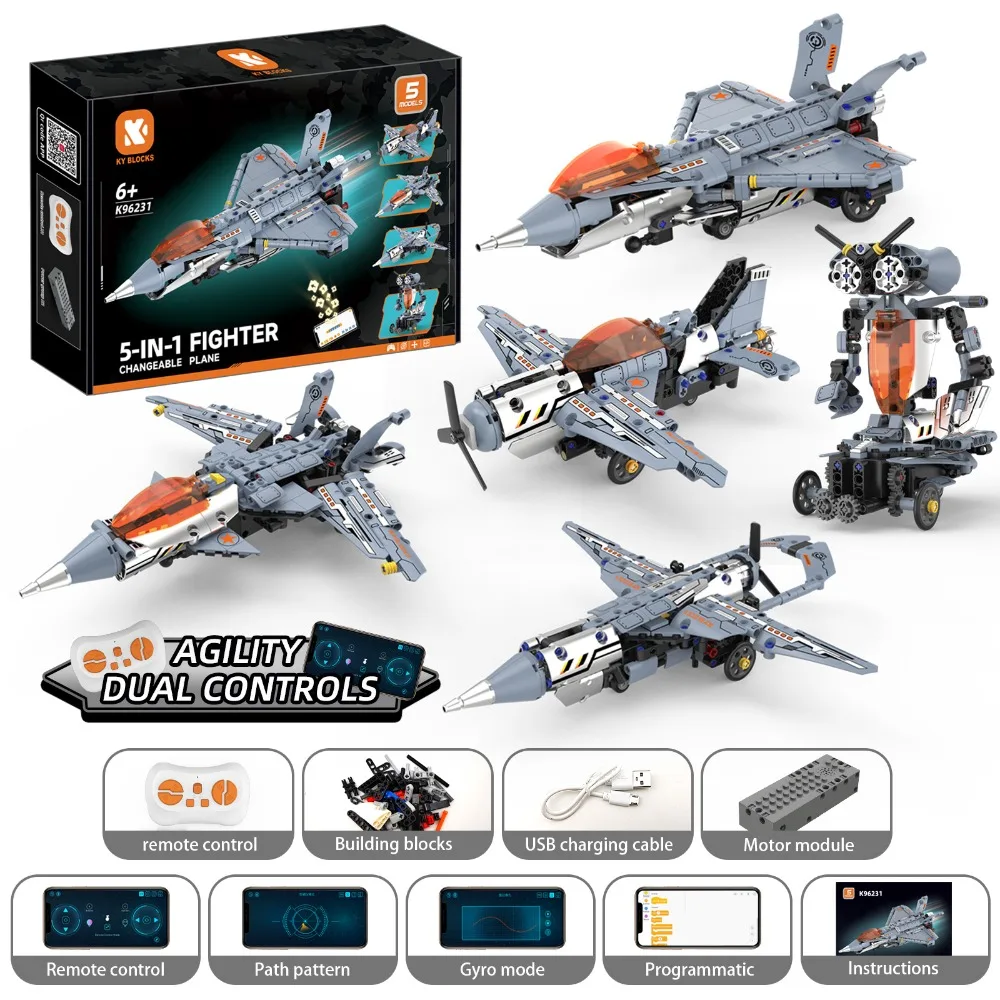 96231 334 pezzi Kit robot da caccia 5 in 1 Giocattolo STEM programmabile con telecomando con trasformazione di aerei per regali di Natale per bambini