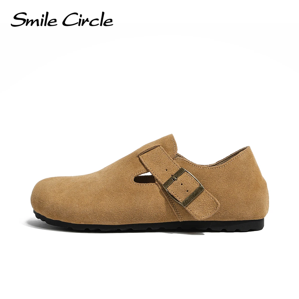 Smile Circle London Suede Leather Shoes Women closed-toe styles Cork Buckle Casual Shoes For Women Flats