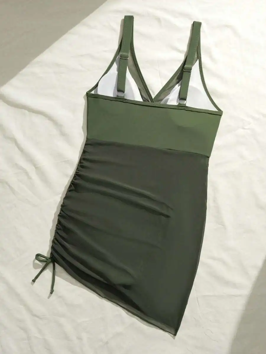 

Olive Green One Piece Swimsuit With Ruched Side And Deep V Neck