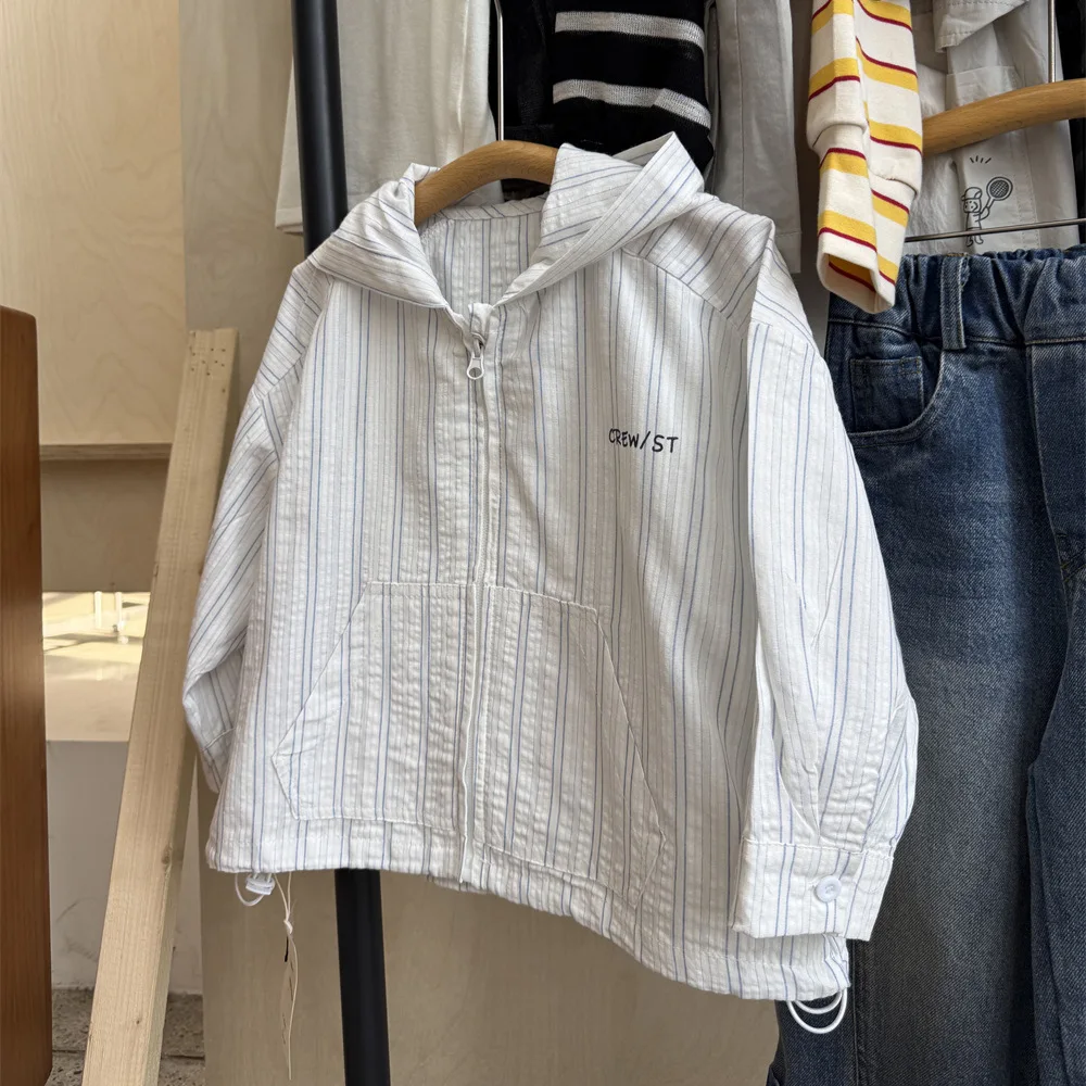 Children Clothes Kids Casual Top American Vertical Striped Hooded Jackets Spring Cartoon Printed Blue Striped Zipper Cardigans