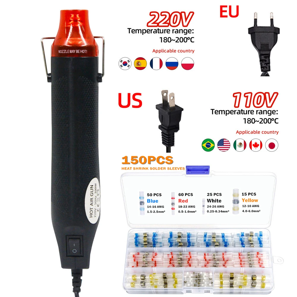 Solda Seal Wire Connectors 3:1 Heat Shrink Isolados Fios Elétricos Terminais Butt Splice Impermeável Hot Air Heat Gun 150 Pcs
