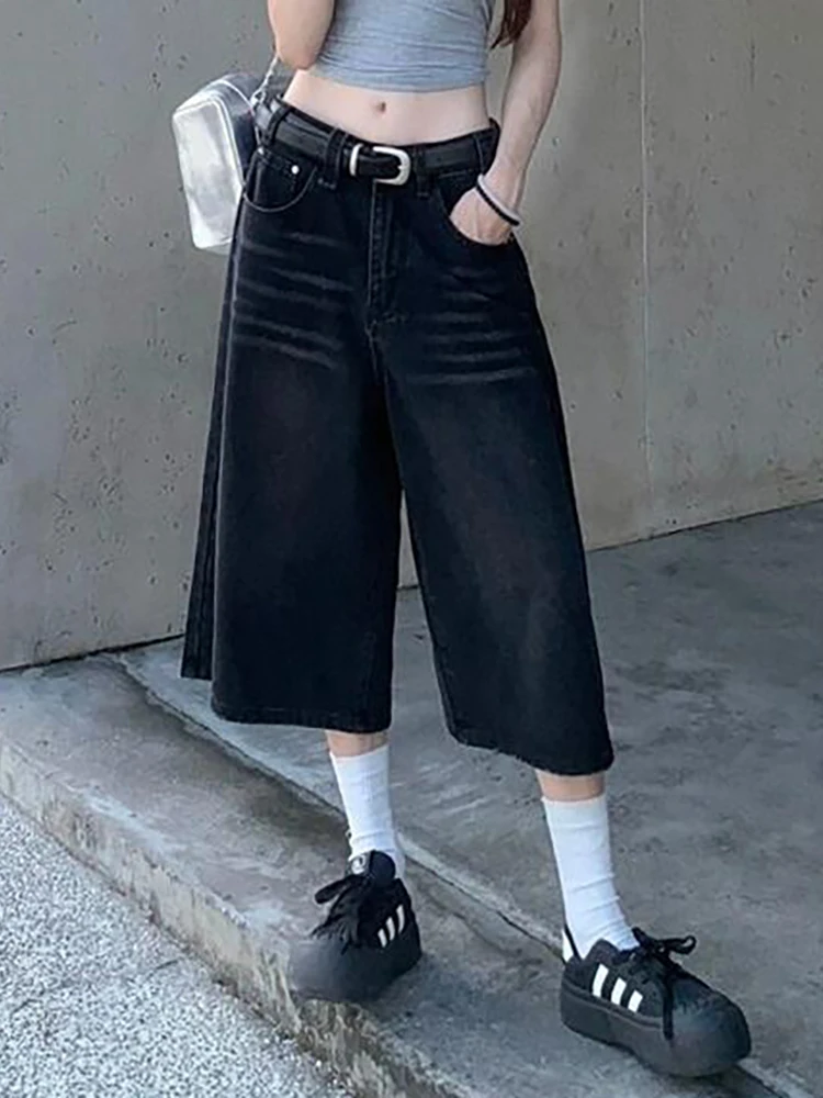 PBAP Whiskers Women Black Baggy Jeans Jorts Washed Distressed Low Rise Straight Wide Leg Denim Shorts Vintage Summer Streetwear