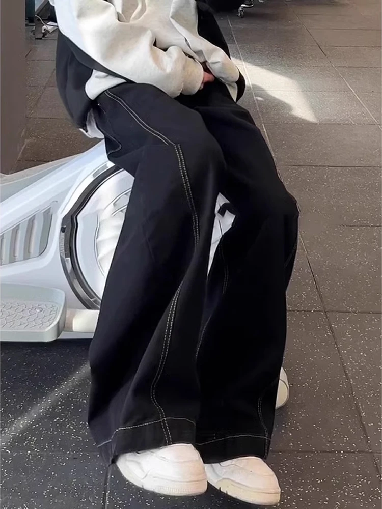 ブラックオリジナルデニムメンズハイストリートアメリカンハイウエストスリムワイドレッグパンツルーズワークウェアナイフエッジパンツ