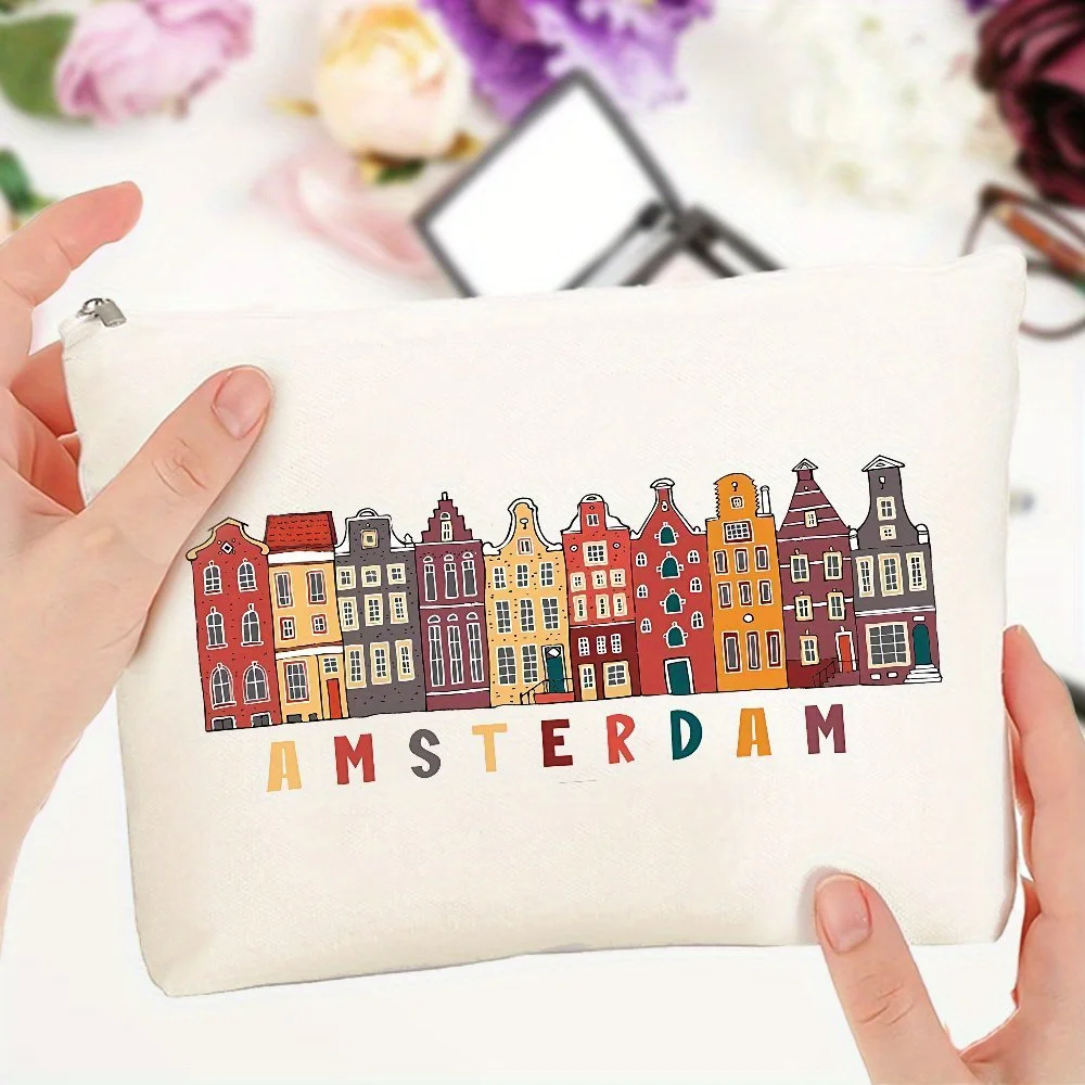 Amsterdam-Inspired Fun Travel Makeup Bag - Stylish & Lightweight Canvas Cosmetic Pouch with Zipper Closure for Women Gifts