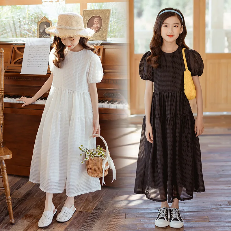 

Girls Skirts 2024 Summer New Childrens Clothes Korean Style Round Neck Dress CuHK Children Casual Simple and All-matching