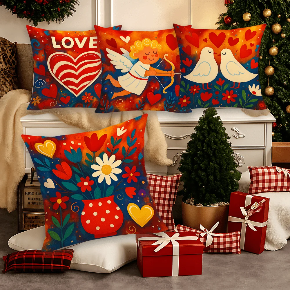 Valentine's Day Pillow Covers, Love Heart Cupid Dove Art Decorative Throw Pillow Cases, Romantic Red Home Decor Cushion Covers