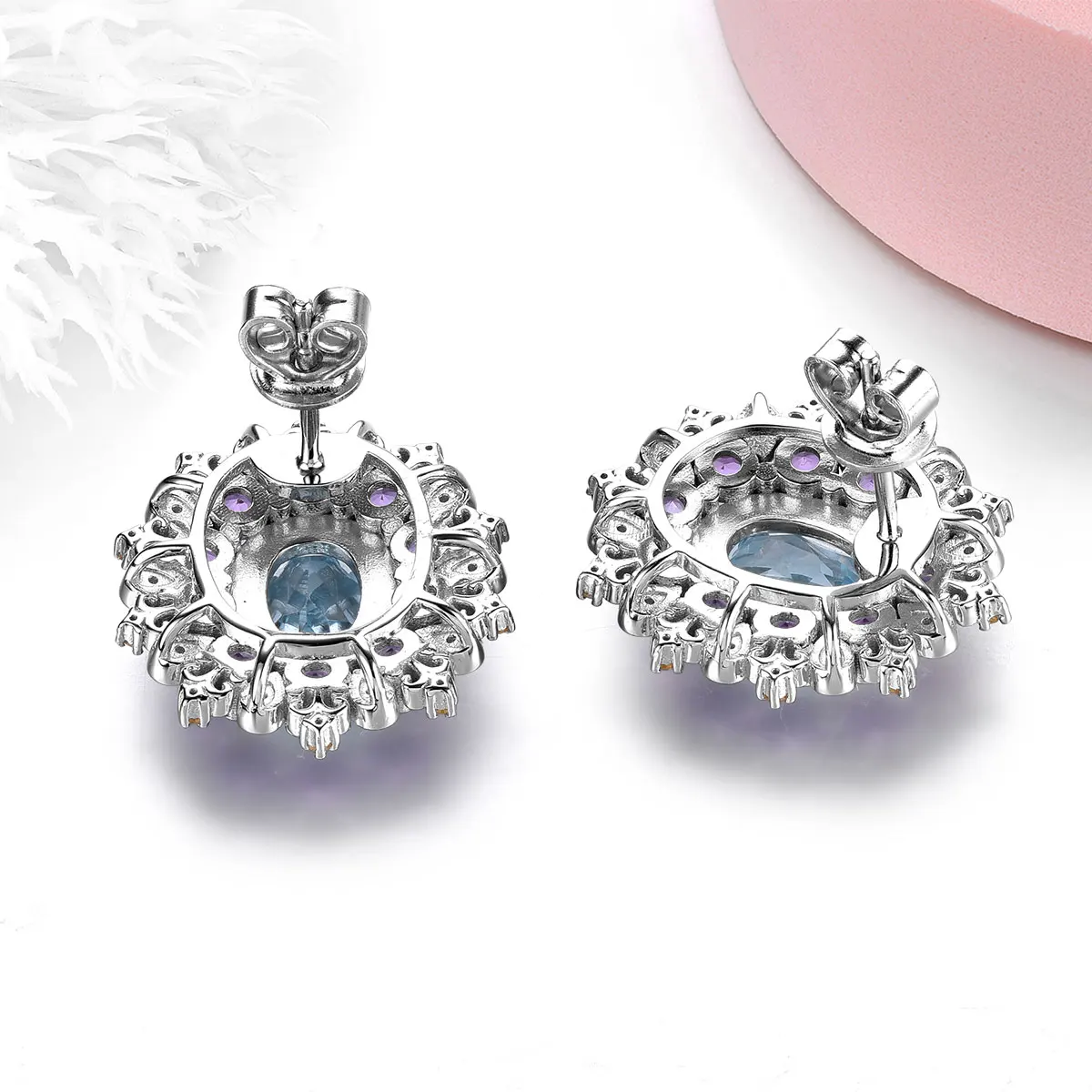 Natural Blue Topaz Amethyst Sterling Silver Stud Earring 5.5 Carats Genuine Gemstone Colorful Fine Jewelry Original Design