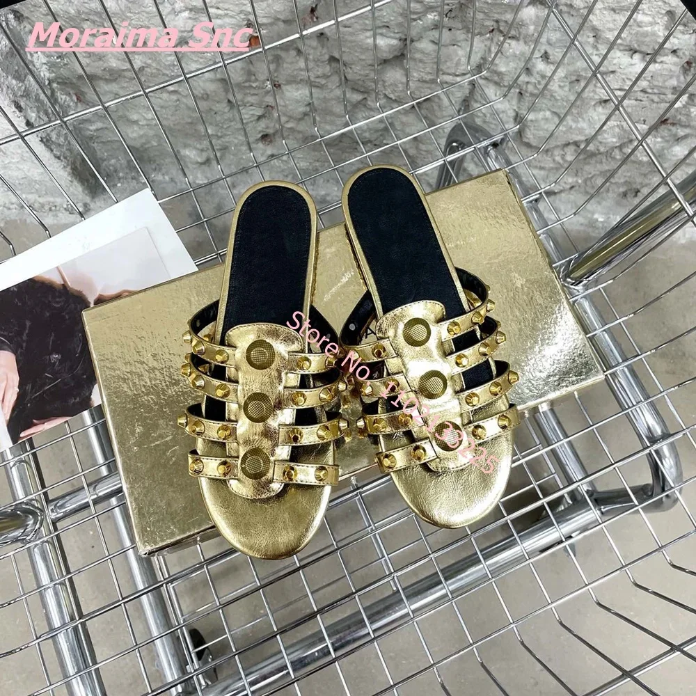 

Luxury New Rivet Hollow Women Punk Slippers Round Open Toe Flat With Metal Decoration Leather Casual Outside Retro Ladies Shoes