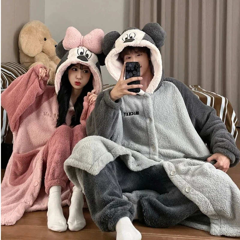 

Disney Mickey Hooded Nightgown Sleepwear Coral Fleece Minnie Cartoon Figure Cute Pajamas Home Suit Set Autumn Winter Warm Gifts