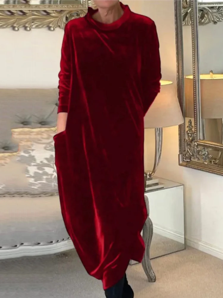 

2025 Fall Winter Elegant Loose Velvet Long Dress Women Casual Vintage Full Sleeve Maxi Dresses Solid Female Vestidos
