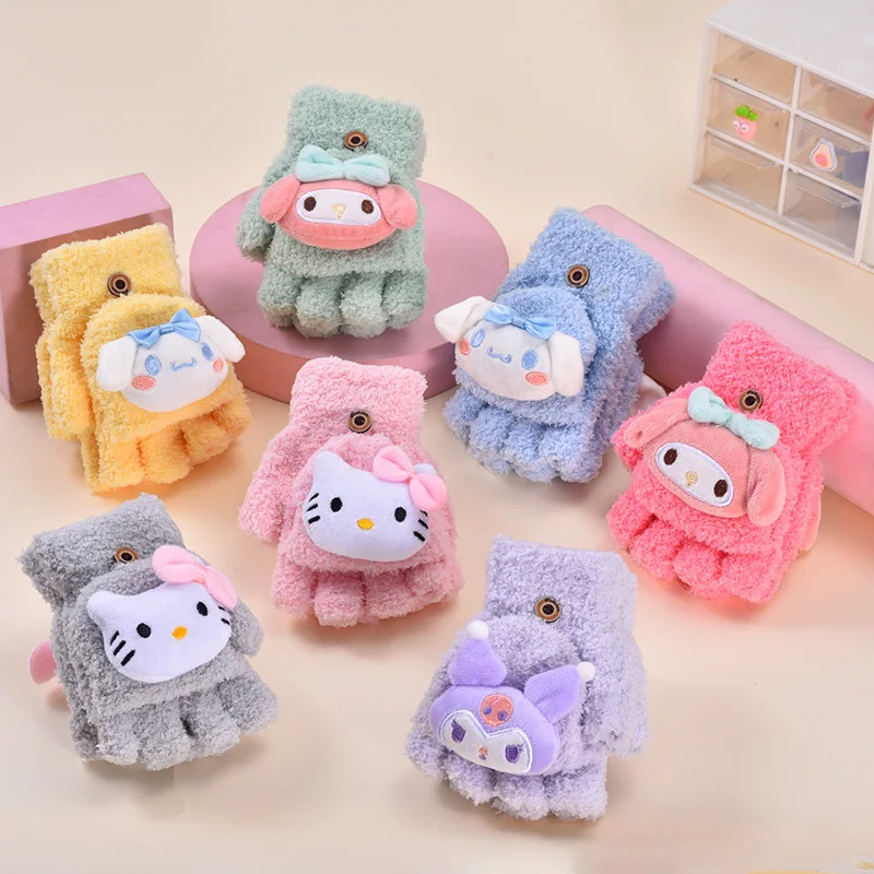 Sanrio Cinnamoroll Melody Kuromi Golves Women Kawaii Cartoon Warm Flap Open Half Finger Hello Kitty Y2k Knitted Coldproof Gloves