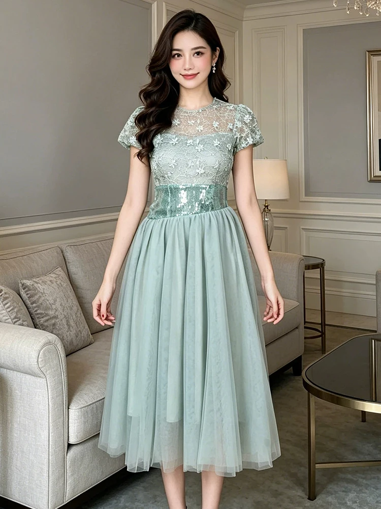 Light Green Lace Floral Tulle Midi Dress Women Elegant Short Sleeve Sequin Slim A-Line Dresses Robe Date Evening Party Prom New