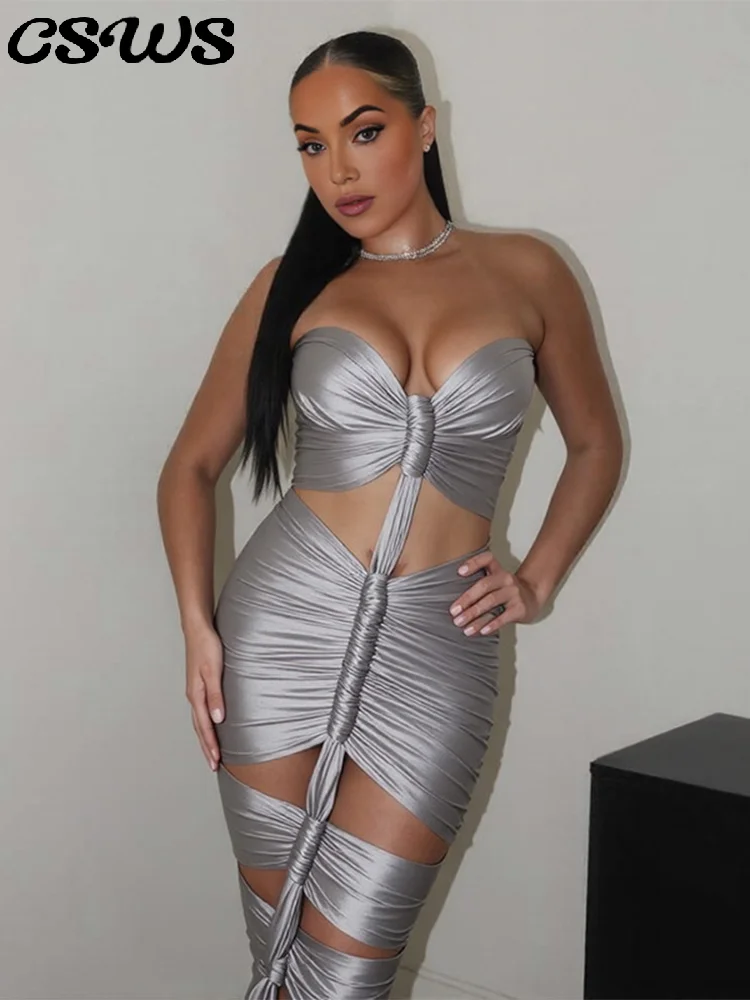 セクシーな透かし彫りロングパーティードレス レディースファッション ノースリーブ バックレス クロップトップ 女性用ドレス 2026 春夏 リボン付きレディローブ