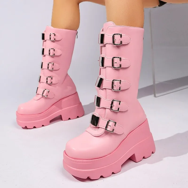 Plus Size Women's Shoes Round Toe Metal Buckle Heightened Western Cowboy Rider Boots