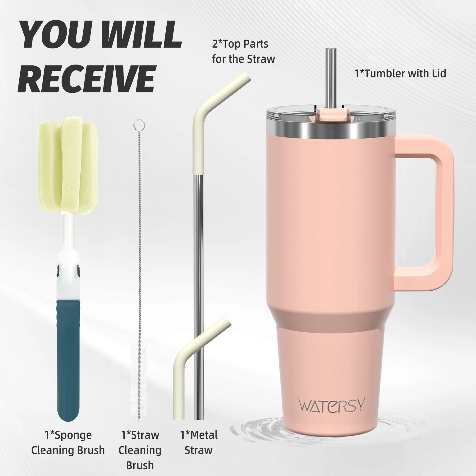 WATERSY 20 oz/30 oz/40 oz beker met handvat en rietje geïsoleerde beker met grote capaciteit, 304 roestvrijstalen vacuümthermische mok