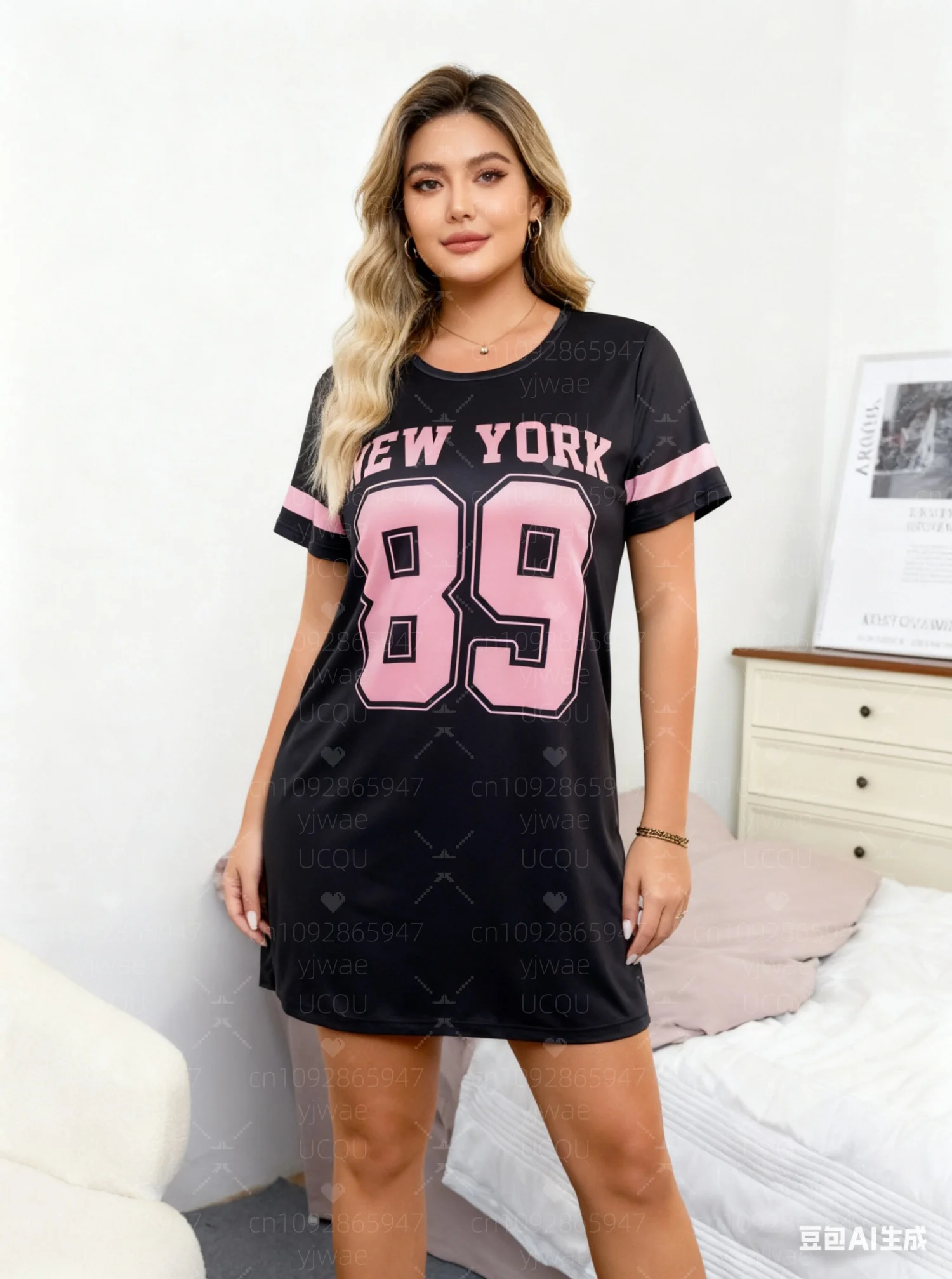 2025 Zomer Polyester Vrouwen T-Shirt Jurk Losse NEW YORK Print O-hals Dame Korte Mouw Trui Jurken Vrouwen Kleding