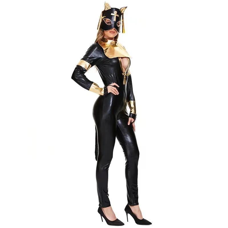 Faux Leather Jumpsuits Women Egyptian Bast Cosplay Female Halloween Black Cat Kitty Costume Carnival Purim Role Play Party Dress