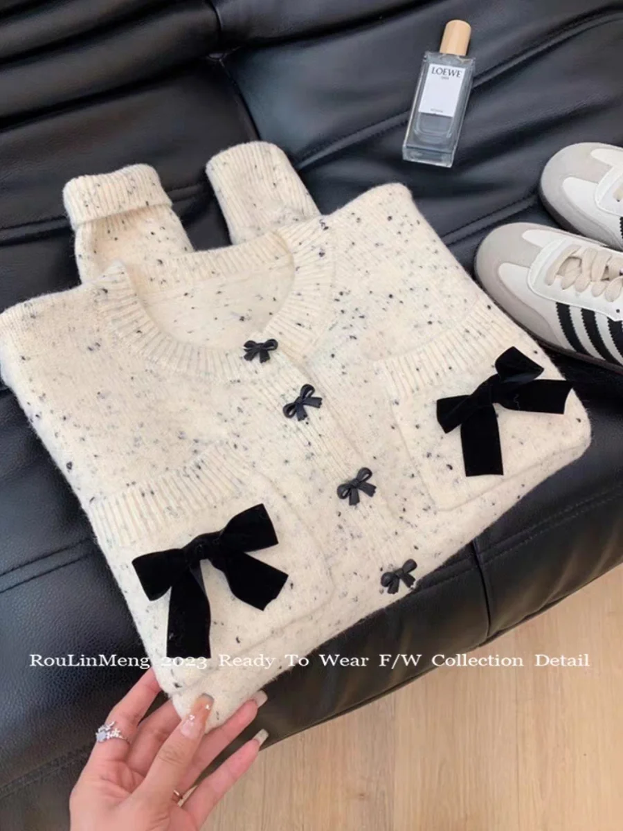 Korean Spring Autumn Bow Sweater Single Breasted O-Neck Chic Dot Knitted Cardigans Fashion Casual Long Sleeve Outerwear Top