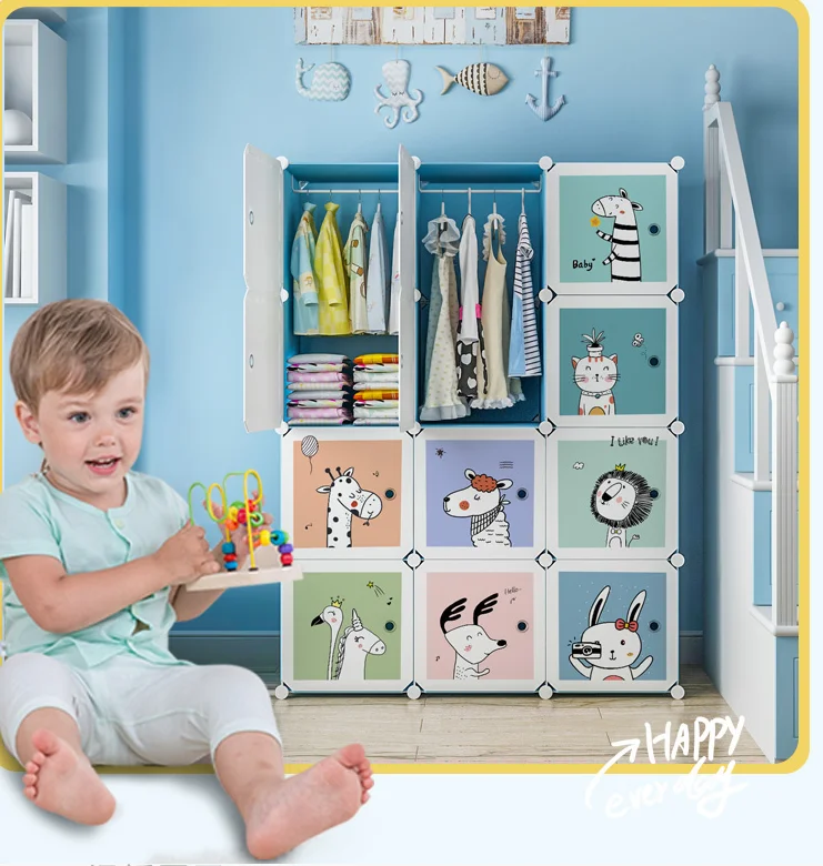 Garde-robe en plastique pour enfants, simple, mâle, bébé, chambre à coucher, gril, petite armoire, fille, armoire de rangement