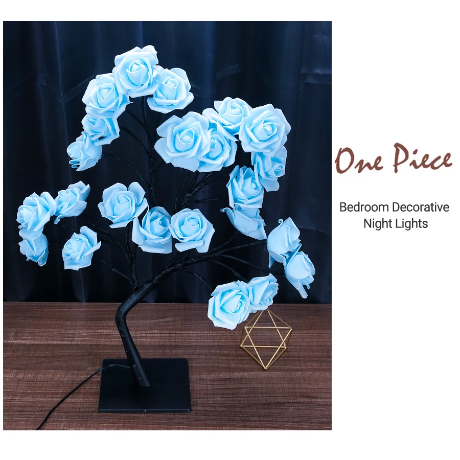 Blue Rose Flower Tree Lights 24LED USB Charge Table Lamp Fairy Night Light Home Party Christmas Wedding Bedroom Decoration Gift