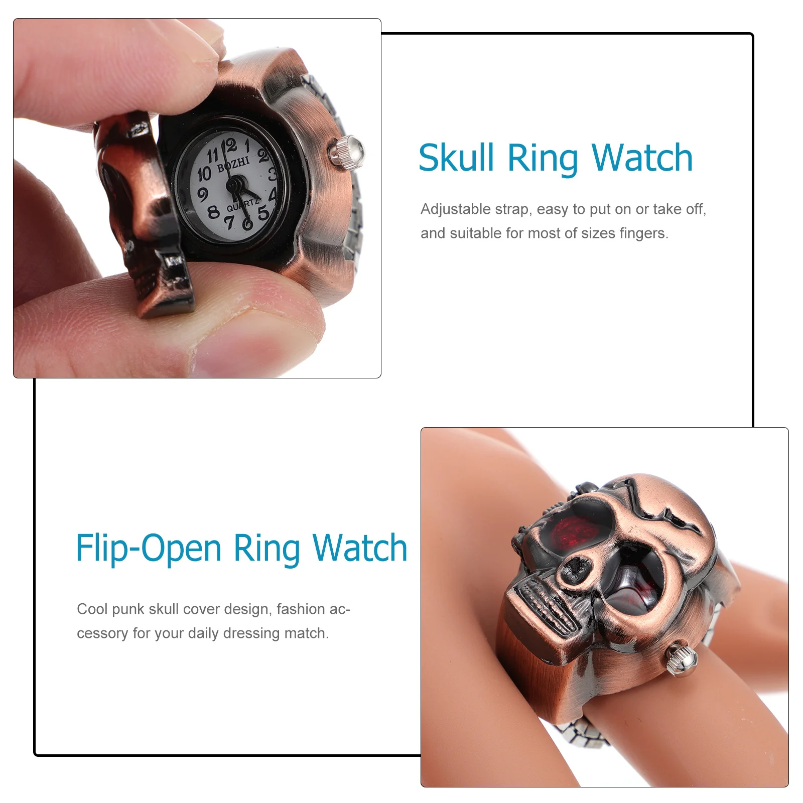 

2Pcs Clamshell Skull Ring Watch Flip-Open Finger Mini Watch Vintage Adjustable Open-Lid Casual Punk Fashion Accessory