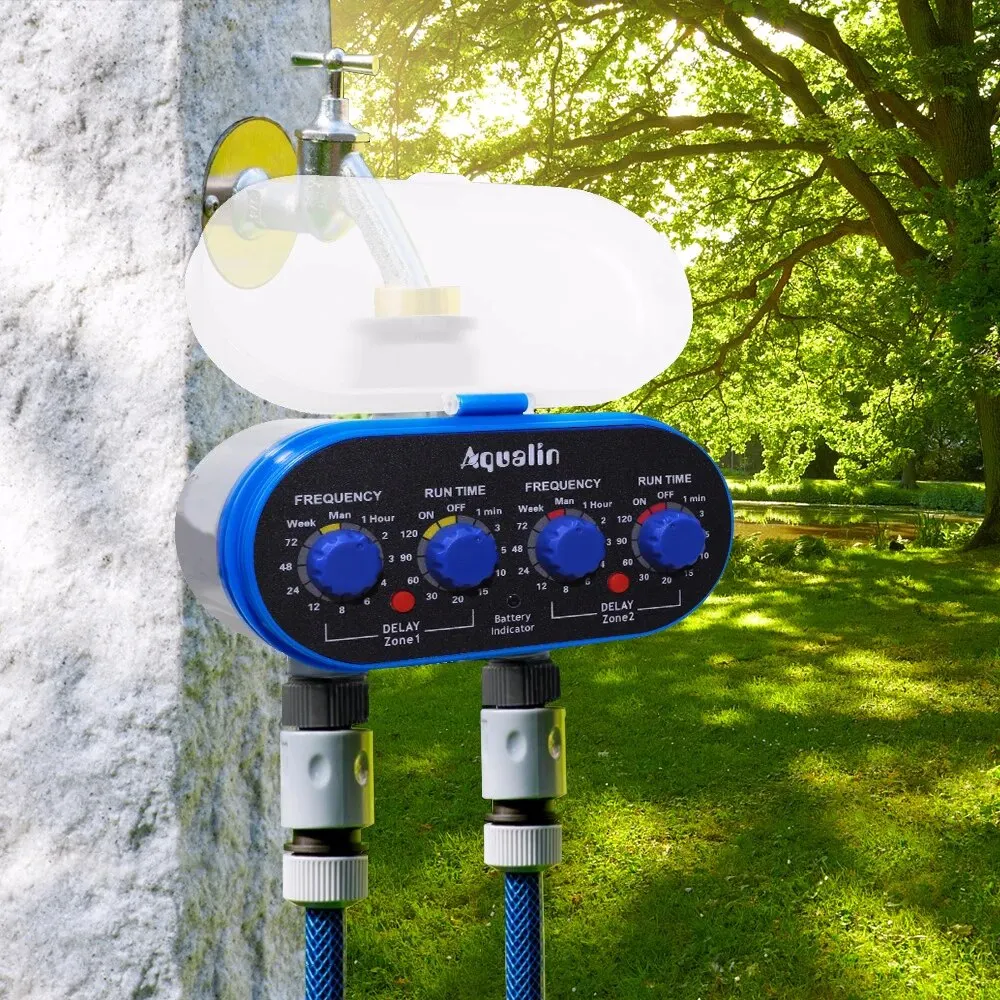 Two Outlet Four Dials Updated Water Timer with Rain Sensor Hole Garden Irrigation System with Delay Function for Garden, Yard