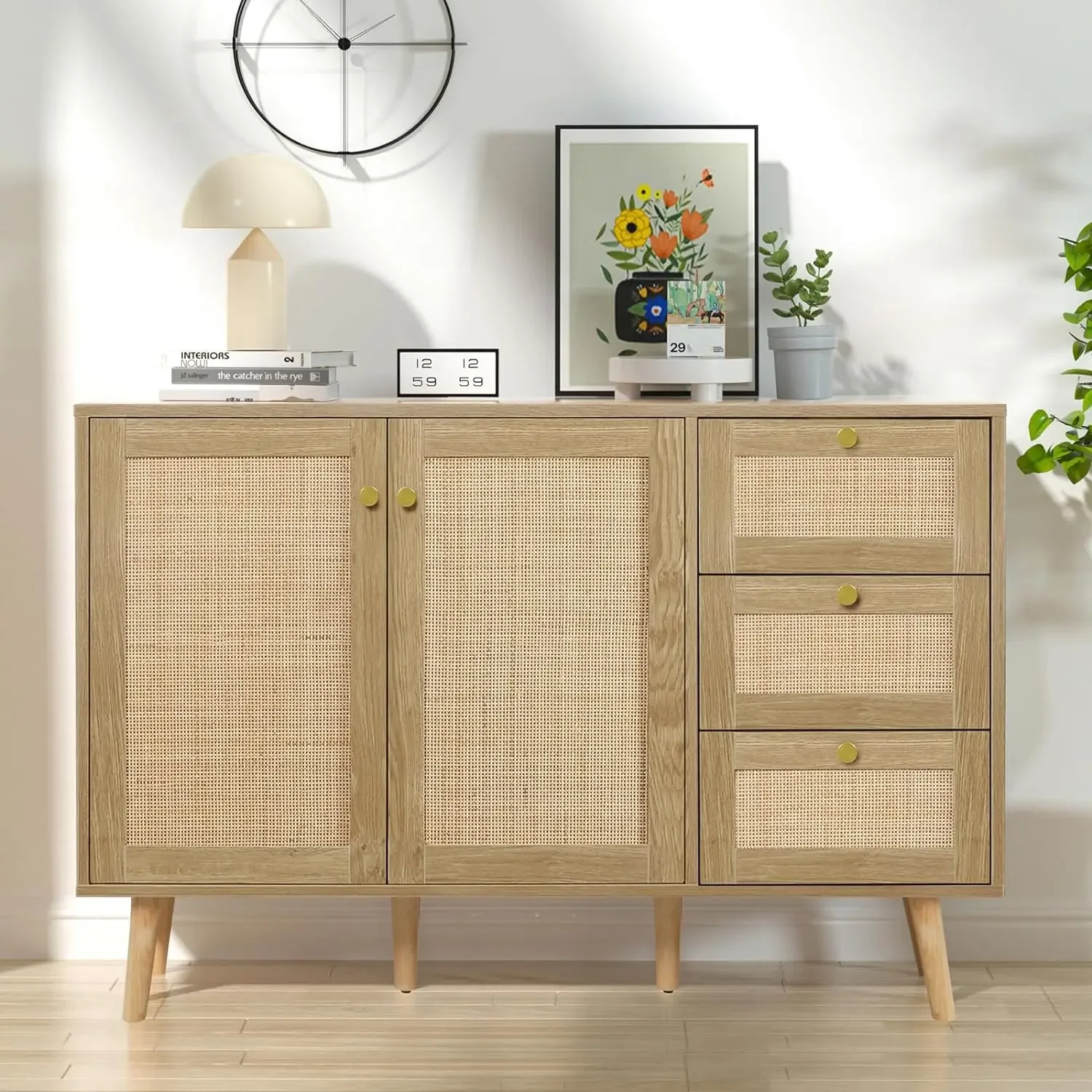 Rotan dressoir buffetkast met 2 deuren en 3 lades, buffetkast met opbergruimte houten credenza opbergkast