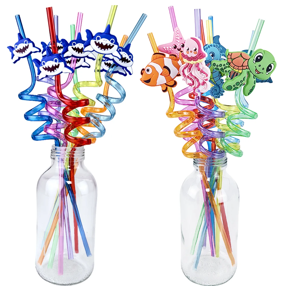 8/16/24/32/40pcs 27cm Sea Animals Straw Reusable Kids Birthday Party Decor Supplies Under The Sea Plastic Spiral Drinking Straws