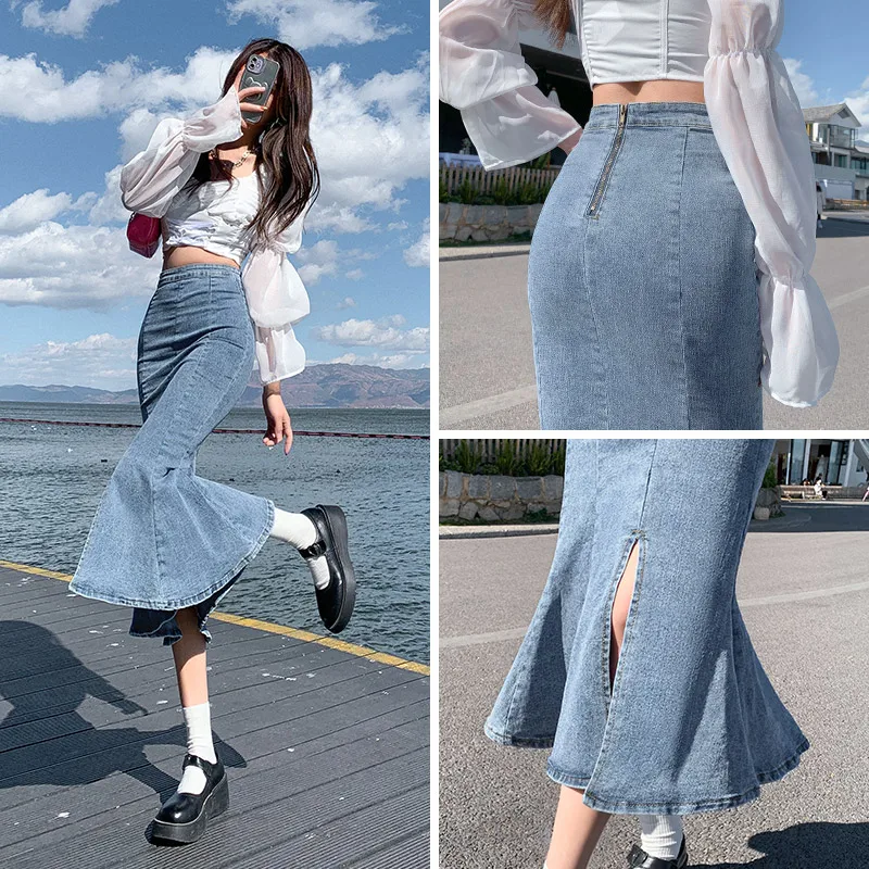 

High Waist A-Line Split Fi Tail Denim Skirt Women's Spring Summer ort plus Size Korean Sle Mid-Length Slim Fit Skirt