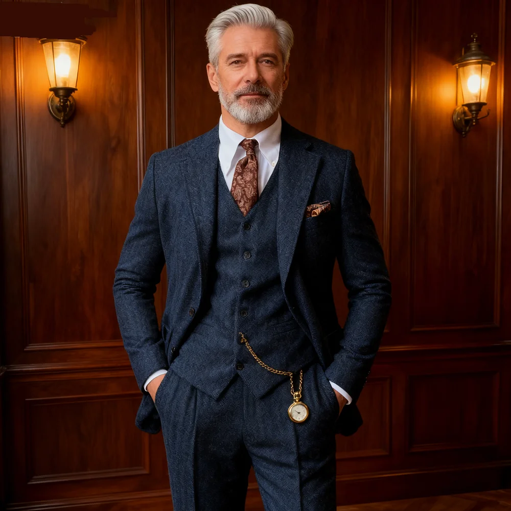 

Elegante 3-Piece Men's Tweed Ternos for Winter Wedding Formal Banquet Spineless Fish Banquet Elegant Men's Suit