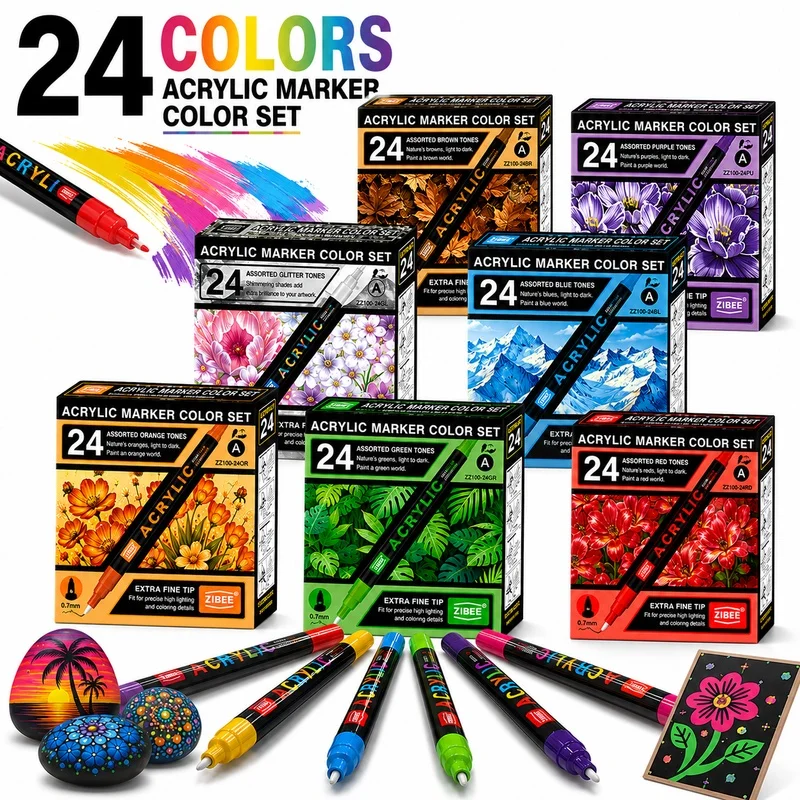 24-color acrylic markers,7 color themes,0.7mm fine tips.Water-based quick-dry pens for rock,wood,glass,canvas,ceramic and fabric