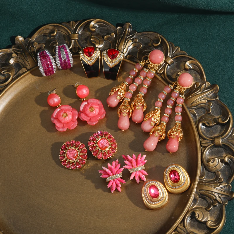 خمر الوردي كريستال قرط الاذن المرصع حجر الراين الذهب اللون العتيقة جودة مصمم المجوهرات الفاخرة للمرأة اكسسوارات جديد 2025