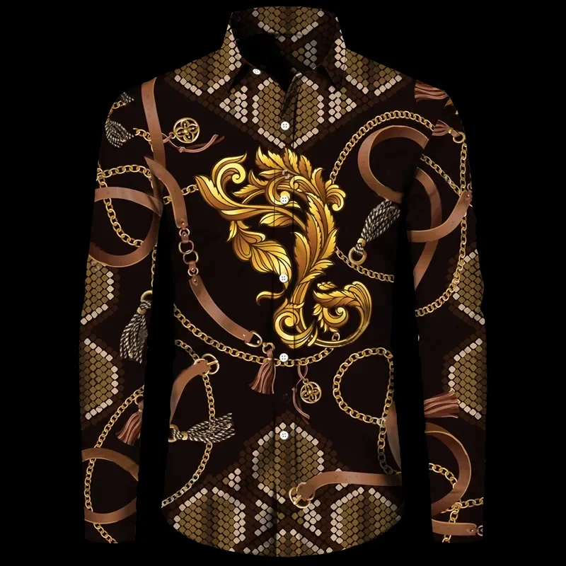 New social party fashion luxury gold print men\'s shirt Baroque style long sleeved lapel button up top Hawaii