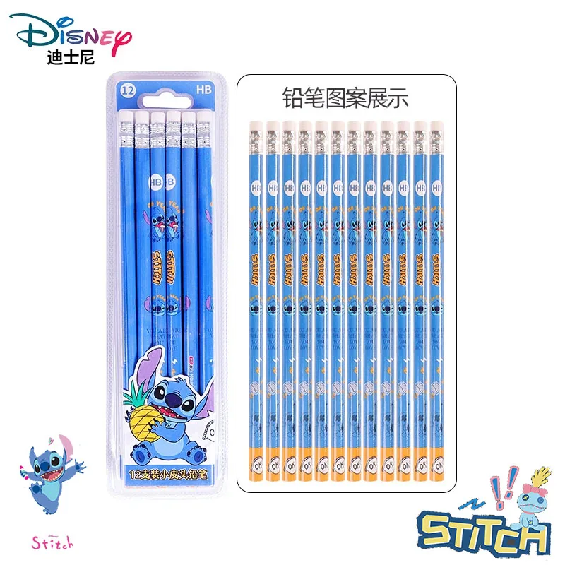 

12Pcs Disney Lilo & Stitch Pencil Set Cartoon Round Rod Cute Students Pens with Eraser Office Supplies Learning Stationery