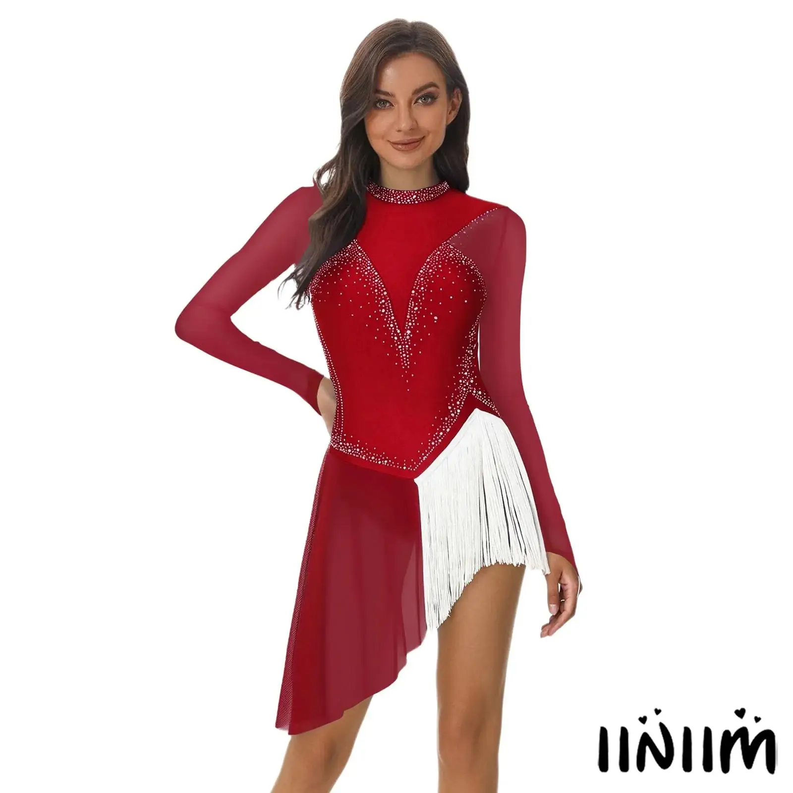 

Womens Ice Skating Dress Rhinestone Long Sleeve Backless Irregular Hem Side Fringe Leotard Dress Gymnastics Lyrical Dance Dress