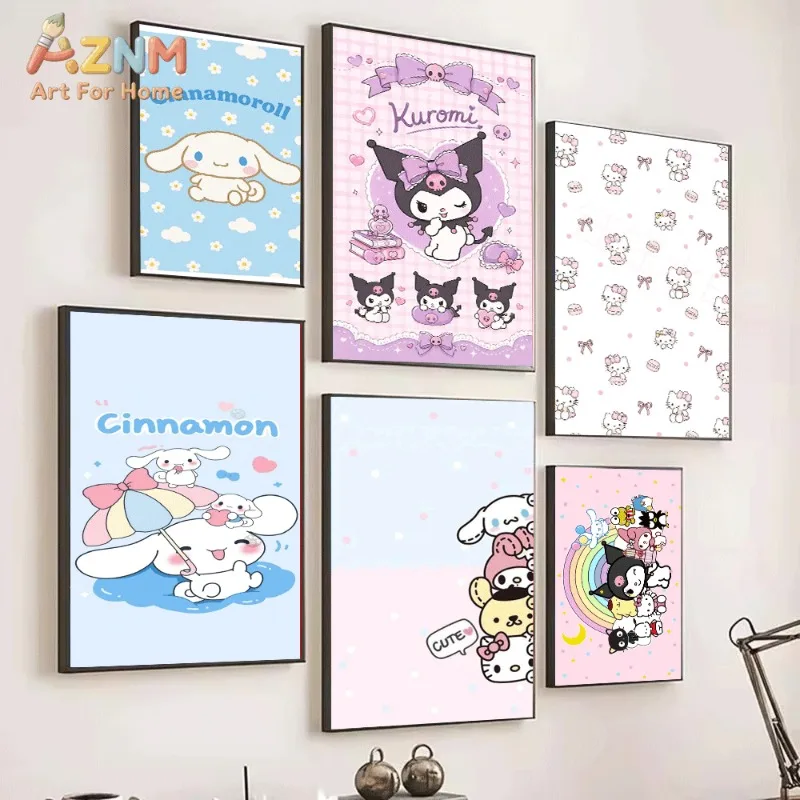 Sanrio Cinnamoroll Kuromi Canvas Wall Art Unframed Print Cute Cartoon Puppy Daisy Cloud Bow Rainbow Poster for Bedroom Dorm Livi