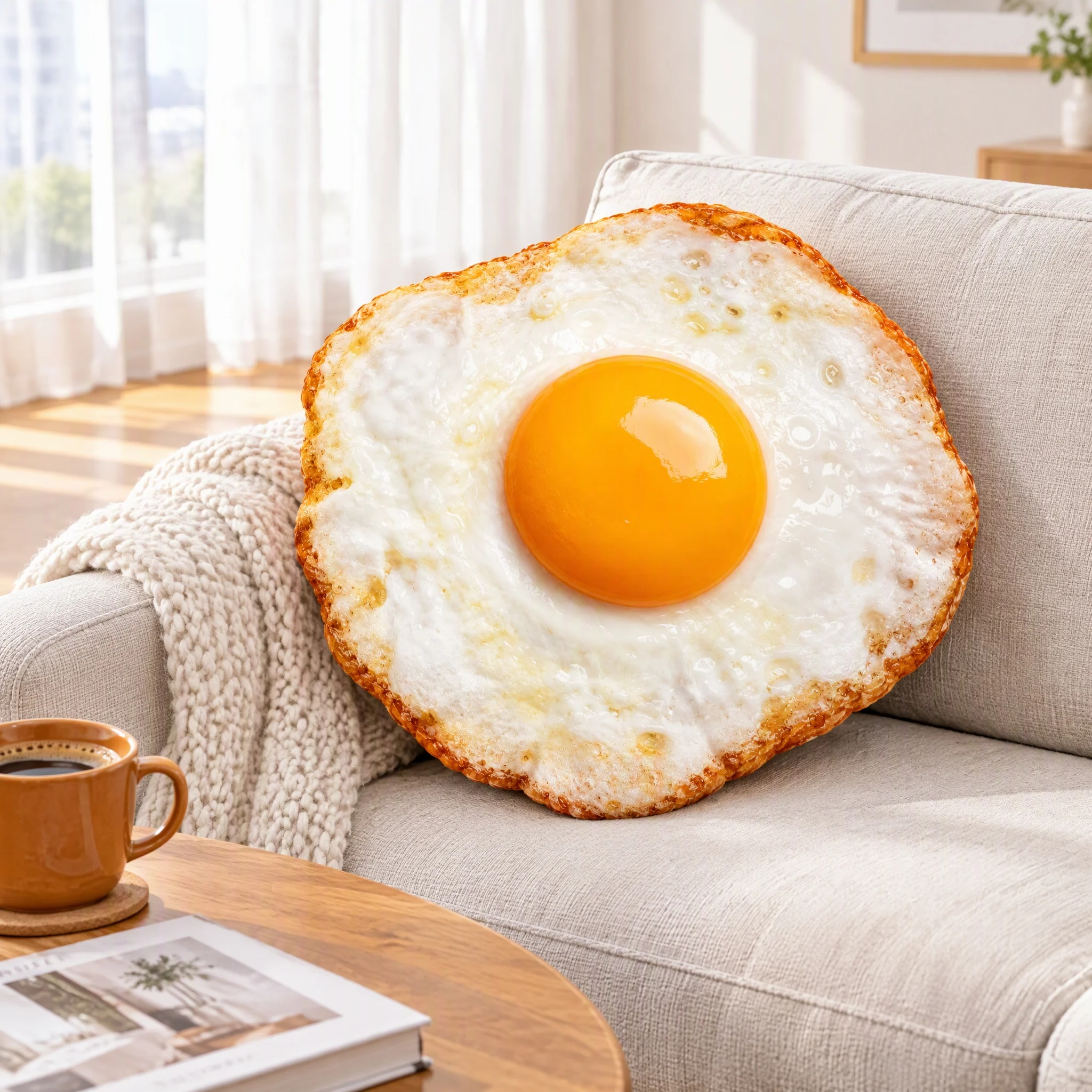 Fried Egg Pillow, Realistic 3D Novelty Throw Pillow Funny sunny side up egg food pillow, cozy couch decor, soft plush gag gift