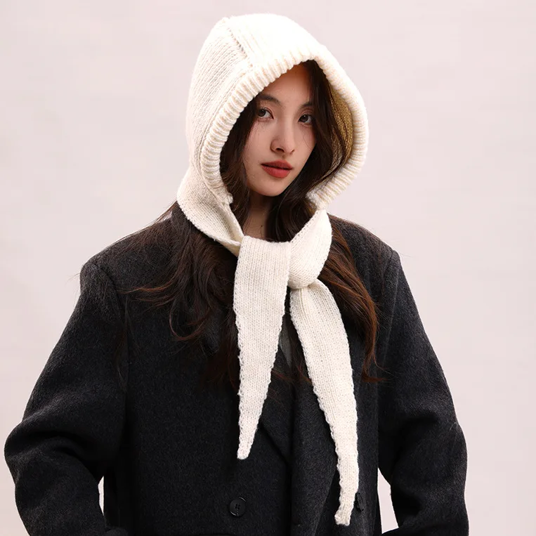 Korean Balaclava Bonnet Women Skullies Beanies Hat Scarf One-piece Thickened Warm Neck Protection Knitted Law Winter Accessories