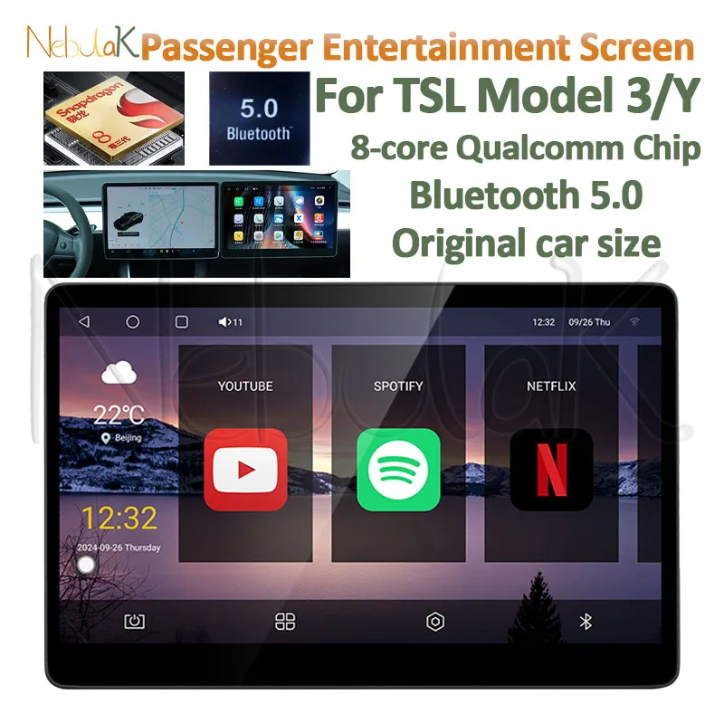 Multifunction Player For Tesla Model 3/Y 2019-2024 15.6 Inch 8-core Qualcomm Chip Touch Display Passenger Entertainment Screen