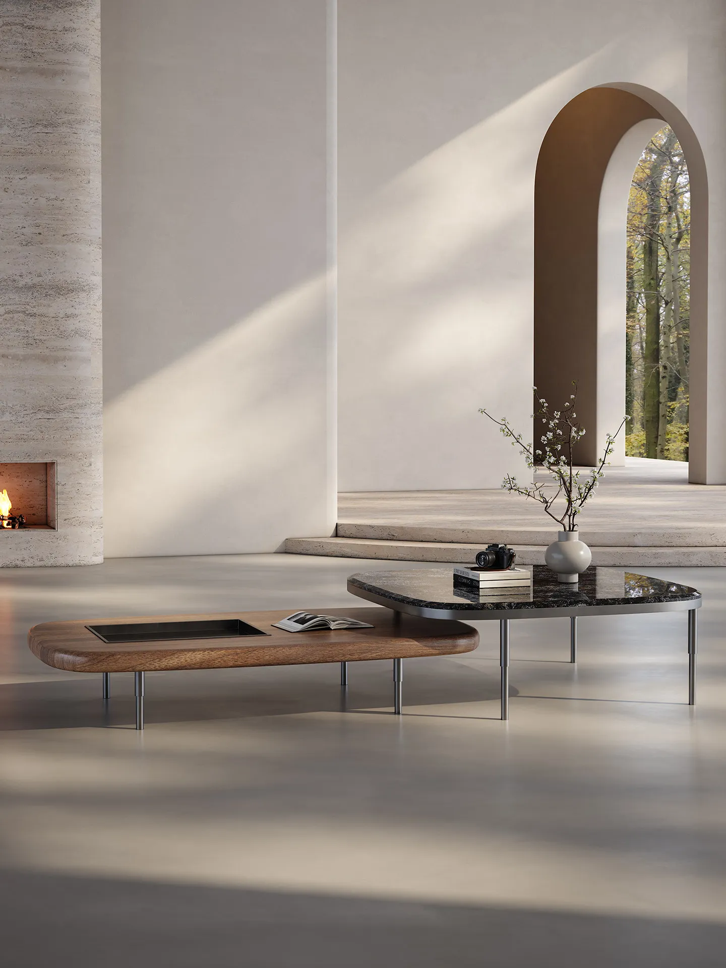 Luxury high-end feeling, light luxury, modern large apartment, minimalism, large floor plan, villa, living room, coffee table