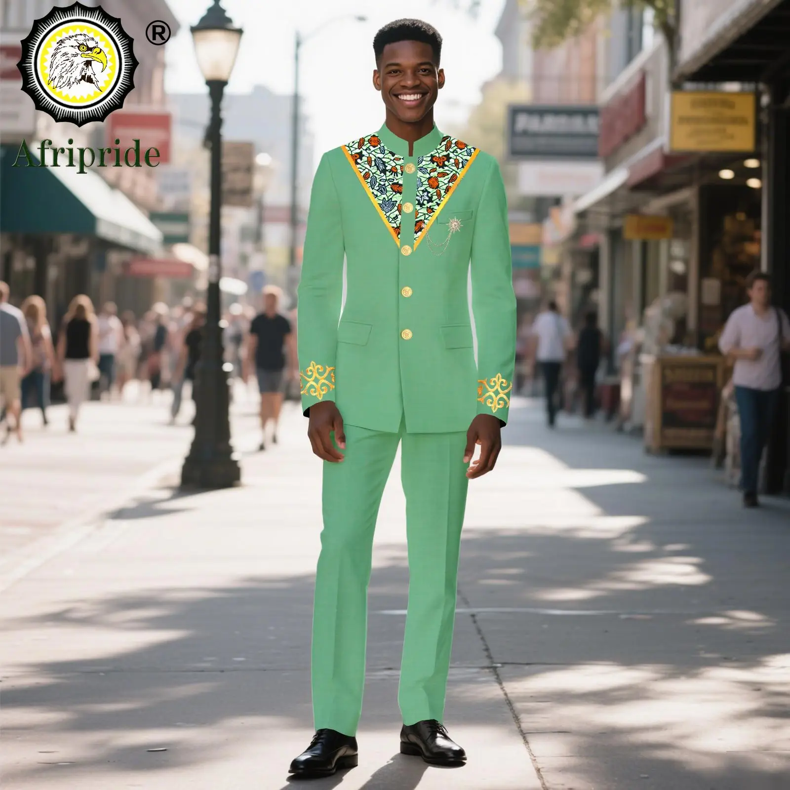 African Suits for Men Slim Fit Embroidery Brooch Single Breasted Jacket and Pants 2 Piece Set Print Wear for Wedding 2516059