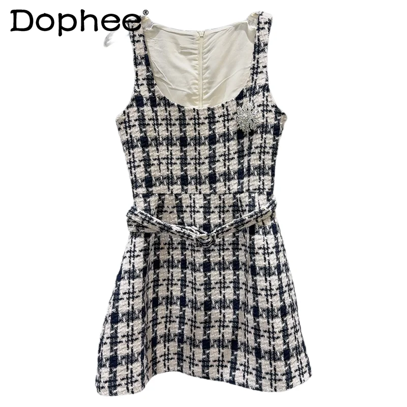 

2025 Spring Summer New Rhinestone Brooch High Waist Plaid Tweed Vest Dress for Women Retro Plaid U Neck Dress A Line Dresses