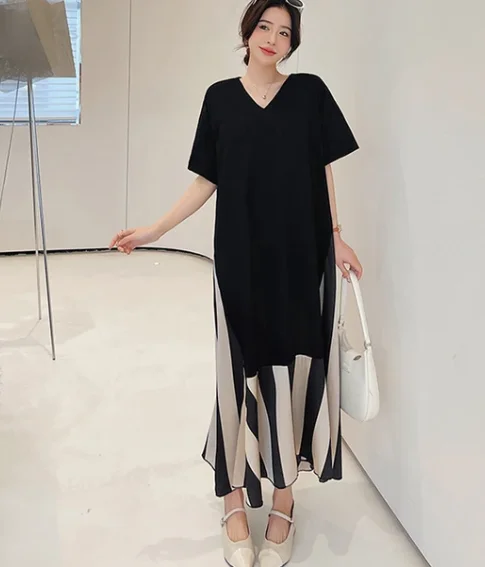 

2024 Summer New Korea Dresses For Women Vestidos Robe Elbise Loose Plus Size Patchwork Silk Velvet Stripe Long Dress